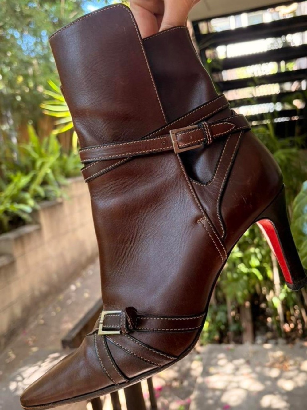 Vintage Y2K Christian Louboutin brown leather heeled wrap boots